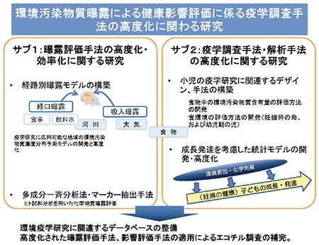 環境疫学研究に関連するデータベースの整備　高度化された曝露評価手法、影響評価手法の適用によるエコチル調査の補完。（クリックで拡大表示）