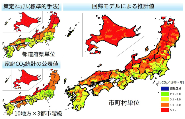 回帰モデルを用いた市町村別世帯あたり排出量の推計結果の図