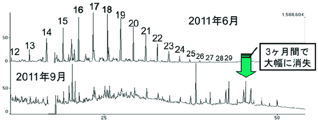 気仙沼湾の大島北部で採取された底質中のアルカン類のガスクロマトグラム(上は震災から3か月後の2011年6月に採取したもの［各ピーク上の数字は各アルカンの炭素数を示す］図。下は2011年9月に採取したもの)