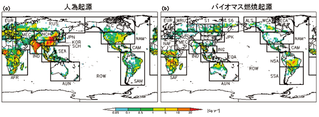 (a) 人為起源及び、(b) バイオマス燃焼によるBCの年間排出量と、タグ付きトレーサーシミュレーションのための領域の設定を示す図