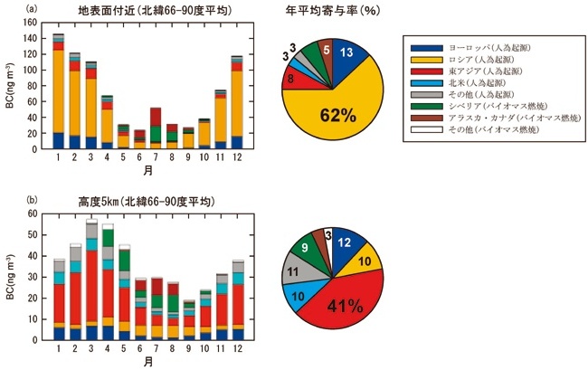 北極圏（北緯66-90度）で平均した、(a) 地表面付近及び、(b) 高度5kmにおける月平均BC濃度に対する各発生源からの寄与の季節変化および、年平均濃度に対する寄与率のグラフ