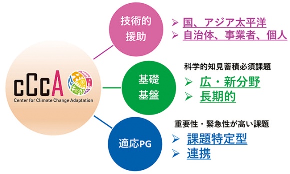 気候変動適応センターの活動の3本柱の図