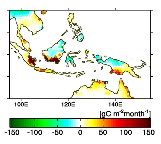 インドネシア島嶼地域におけるCO2放出・吸収量の 2015年9月の分布図