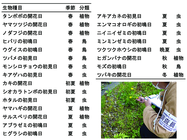 図2　国環研が実施する生物季節観測で特に重点的に調査員を募集している項目と調査風景