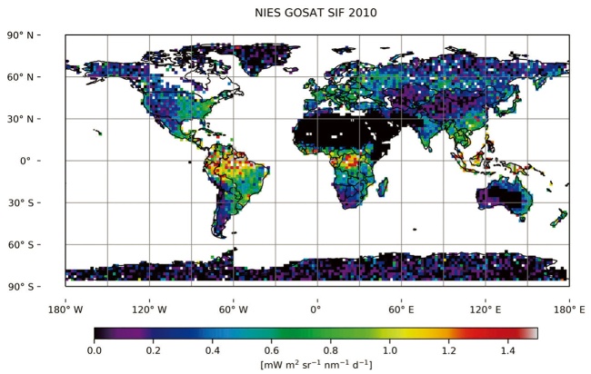 図1　GOSATにより観測されたSIFの分布（2010年1年間の平均値；野田、吉田、押尾、宮内 2019）。