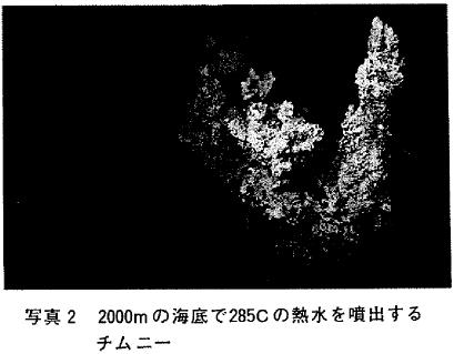 写真２　2000mの海底で285Cの熱水を噴出するチムニー