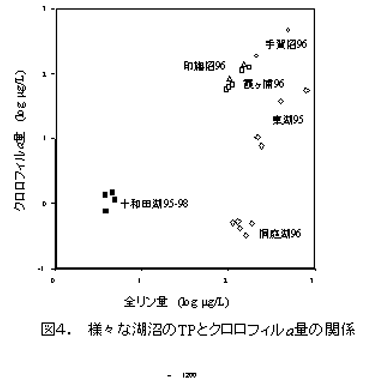 図４  様々な湖沼のtpとクロロフィルα量の関係