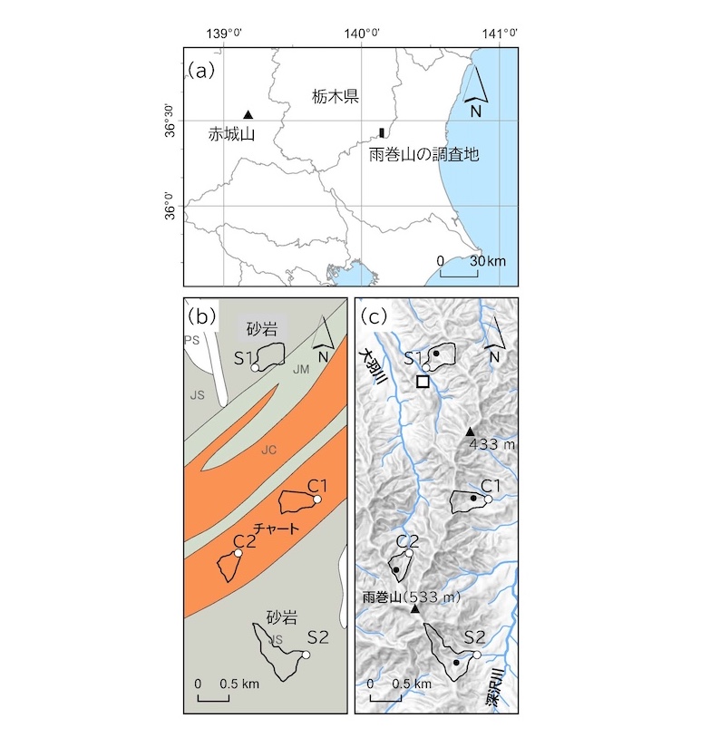 雨巻山の調査地と赤城山の位置、 調査地の地質 、調査地の地形の図
