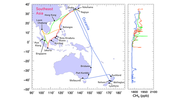 広域を航行する船舶で温室効果ガス（GHG）の分布を連続的に観測する