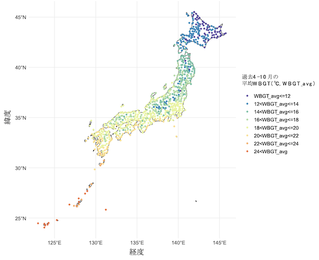 過去（1980年～2014年）4～10月における平均WBGTによる8つの地域区分図