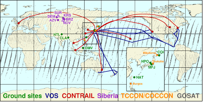 本研究で用いたメタン濃度の観測地点の図