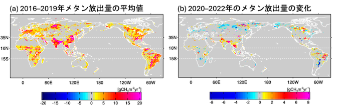 地上観測データのみを用いた場合の逆解析によって推定されたメタン放出量の（a）2016–2019年間の平均値と（b）2020–2022年における変化量の図（2016–2019年の平均値からの偏差）