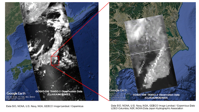 TANSO-3による広域観測モード(2025年7月20日)による日本付近の、精密観測モード（2025年7月17日）による東京周辺の観測画像