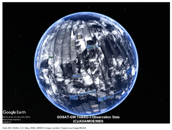 TANSO-3による2025年7月14日から16日の広域観測モードによる全球観測（バンド2、波長767 nmの放射輝度）の図