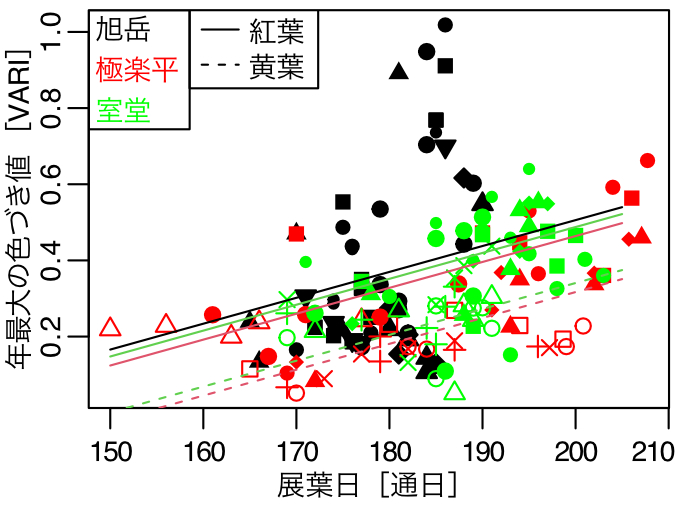 紅葉・黄葉の色づきの強さと展葉日との関係を示した図