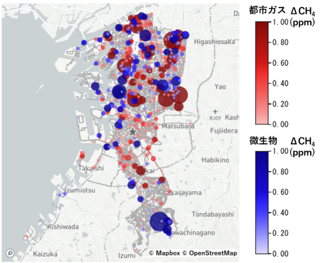 自動車での移動観測により検出されたメタン排出地点。周囲の濃度からのメタンの増加量（ppm）