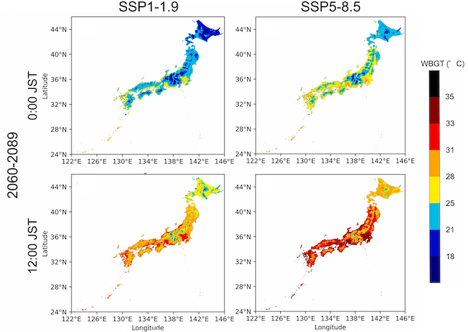 2060～2080年代の8月におけるWBGTの全国分布図