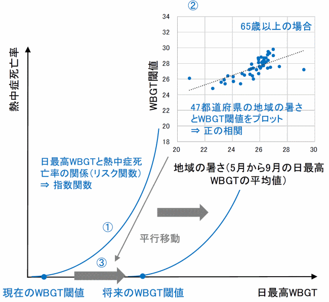 日最高WBGTと熱中症死亡率の関係を指数関数および地域の暑さとWBGT閾値には正の相関の図