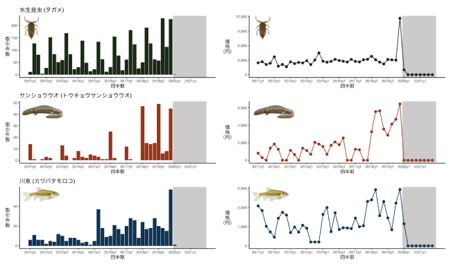 規制対象となった3種の取引量（左図）と一取引あたりの平均価格の図