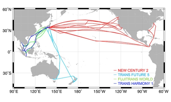  2019年の各船舶における航路図