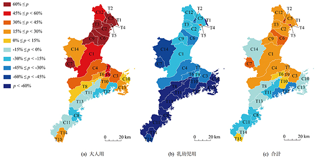 2045年における三重県での使用済み紙おむつ排出量の変化（2015年比）の図