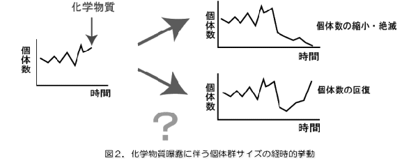 「図2:化学物質曝露に伴う個体群サイズの経時的挙動」を示す画像