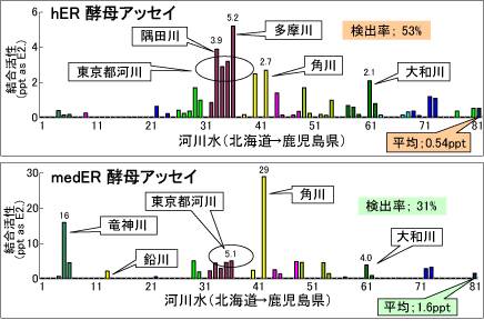 「全国13都道府県80河川水のエストロゲン活性」のグラフ