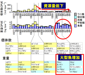 「曳網1回当りの漁獲量の経年変化」の図