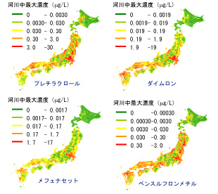 「モデルにて予測した河川水中最大濃度を色別で示した日本地図（四農薬：プレチラクロール、ダイムロン、メフェナセット、ベンスルフロンメチル）」