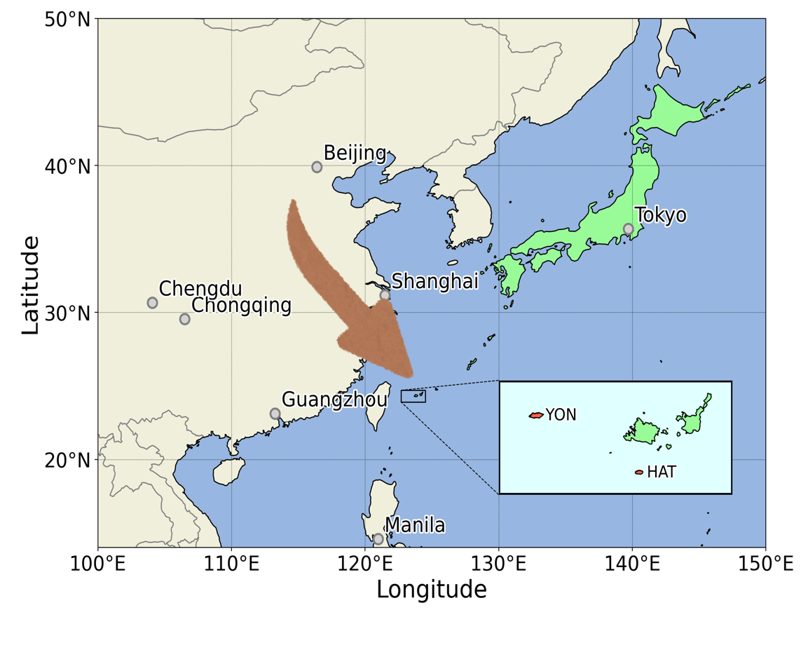 Location of Hateruma and Yonaguni Island in Asia