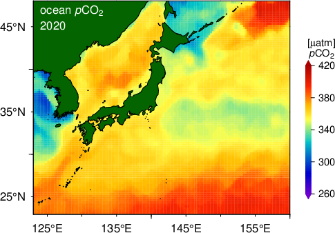 Data of ocean surface surface pCO2 in the sea near Japan observed in 2020. Overall, the figure is high, exceeding 420p CO2 in many places