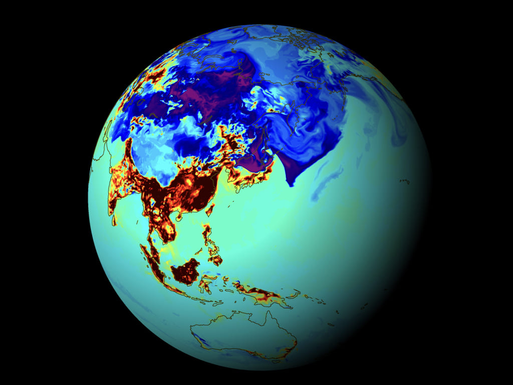 The concentration of carbon dioxide is expressed by color-by-color. The concentration of carbon dioxide has become thicker from Japan to Asia.