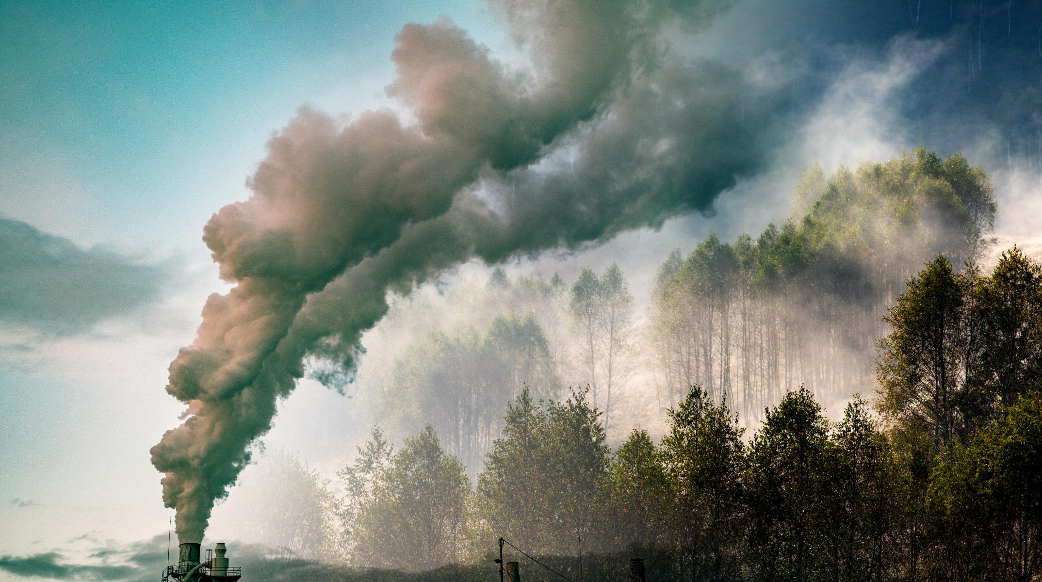 温暖化と気候変動につながる工場から立ち上る灰色の煙が森林を覆う様子
