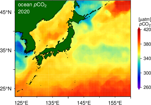 ２０２０年に観測した日本近海の海洋表層pCO2のデータ。全体的に数値が高く、多い所では420pCO2を超えている