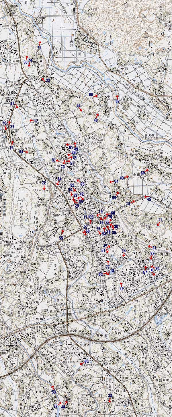 筑波研究学園都市の景観変化 撮影地点の地図