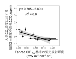 鉛直方向のCO2濃度差分と林床SIF蛍光放射輝度との間における、5月の平均日変化についての相関の図