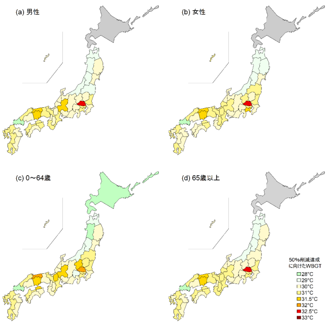 回避可能熱中症死亡数50%削減のための都道府県・性別・年齢別の熱中症警戒アラートの発表基準となるWBGT値の図