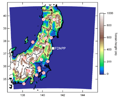 図１．計算領域(塗りつぶし部)と定時降下物の測定地点(赤丸)