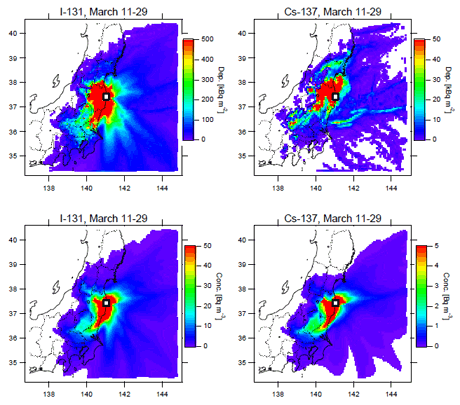 図３．平成23年3月11日から29日における、モデルで計算されたヨウ素131とセシウム137の積算沈着量(上図)と平均濃度(下図)