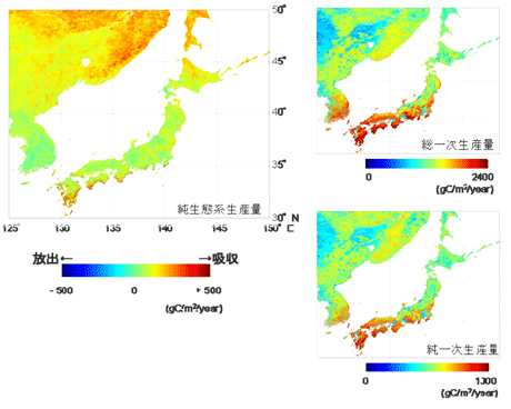 図２、純生態系生産量（左）、総一次生産量（右上）、純一次生産量（右下）の空間分布