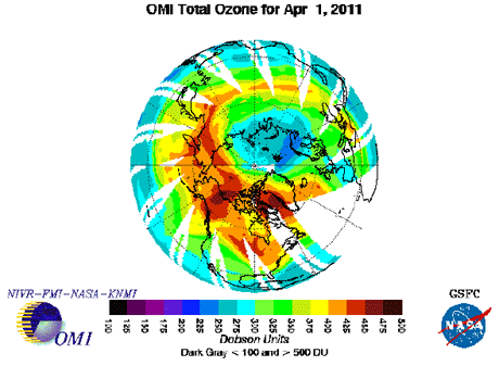 図1アメリカの人工衛星Aura搭載オゾン観測センサーOMIによる、2011年4月1日北極上空のオゾン全量の分布