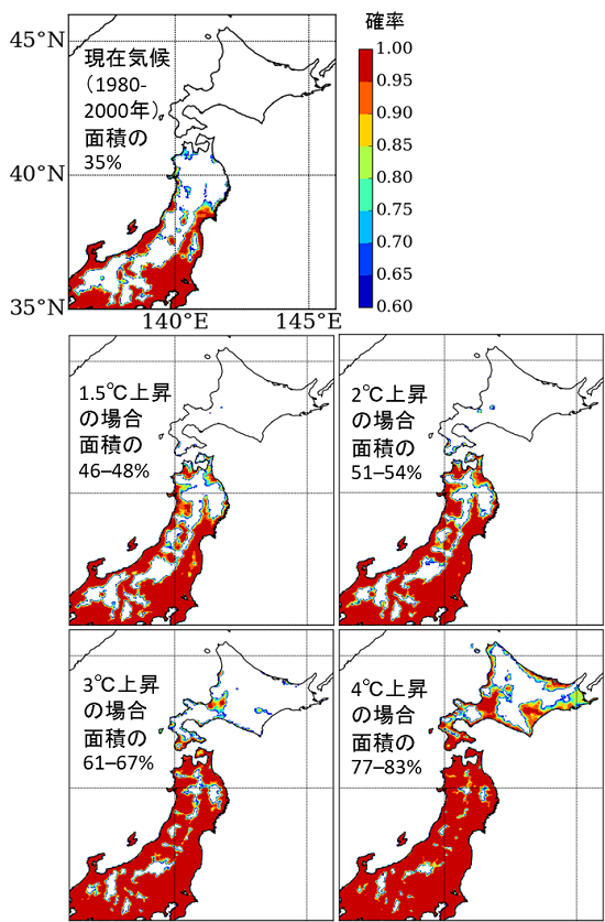 竹林の生育に適した環境だと予測された地域（着色部分）の図