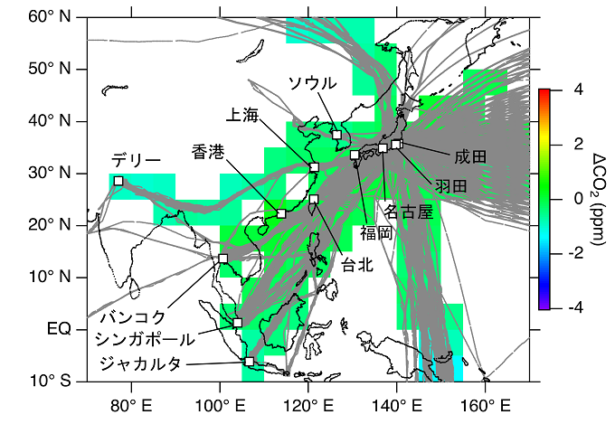 CO2濃度連続測定装置(CME)を搭載したCONTRAIL機の2005年以降の航路図の画像