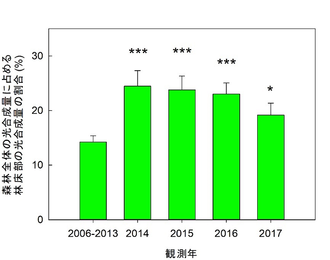 森林全体の光合成量に占める、林床部の光合成量の割合を表した図