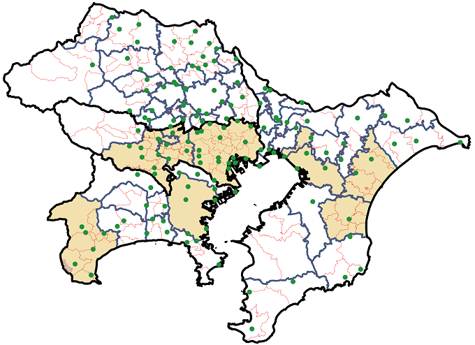 2030年度における一般廃棄物焼却施設の集約検討ブロックの地図化例（南関東地方）