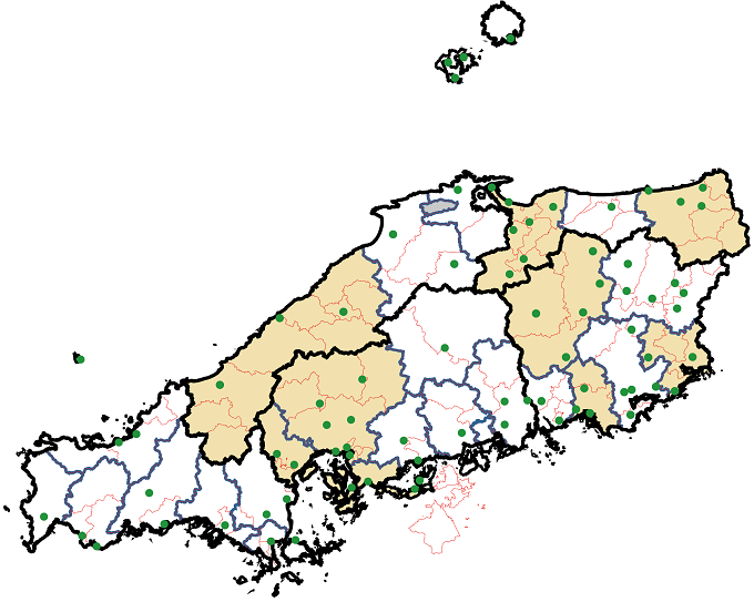 2030年度における一般廃棄物焼却施設の集約検討ブロックの地図化例（中国地方）