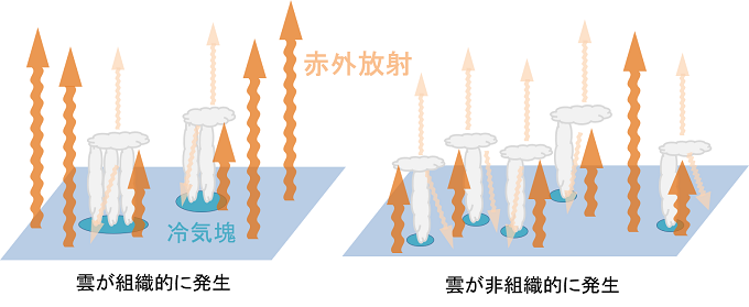 組織的、非組織的に発生している雲とそれらの赤外放射の概念図