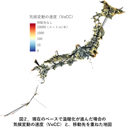 図2.現在のペースで温暖化が進んだ場合の 気候変動の速度（VoCC）と，移動先を重ねた地図の画像