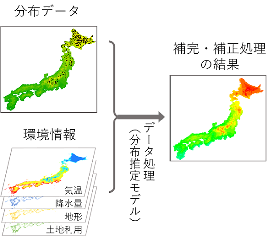 環境情報を利用した分布データの補完・補正処理を表した図