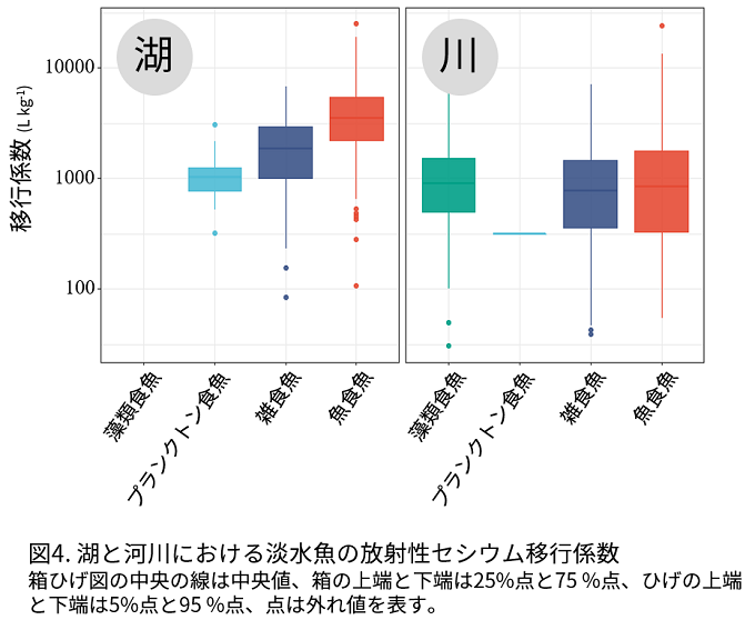 湖と河川における淡水魚の放射性セシウム移行係数を表した図